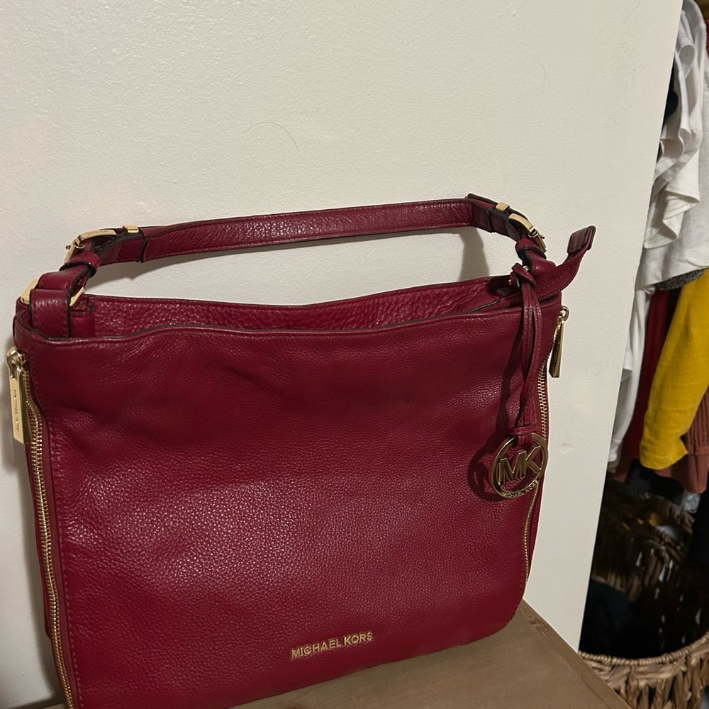 Michael Kors Burgundy Leather Shoulder Bag with Gold Accents